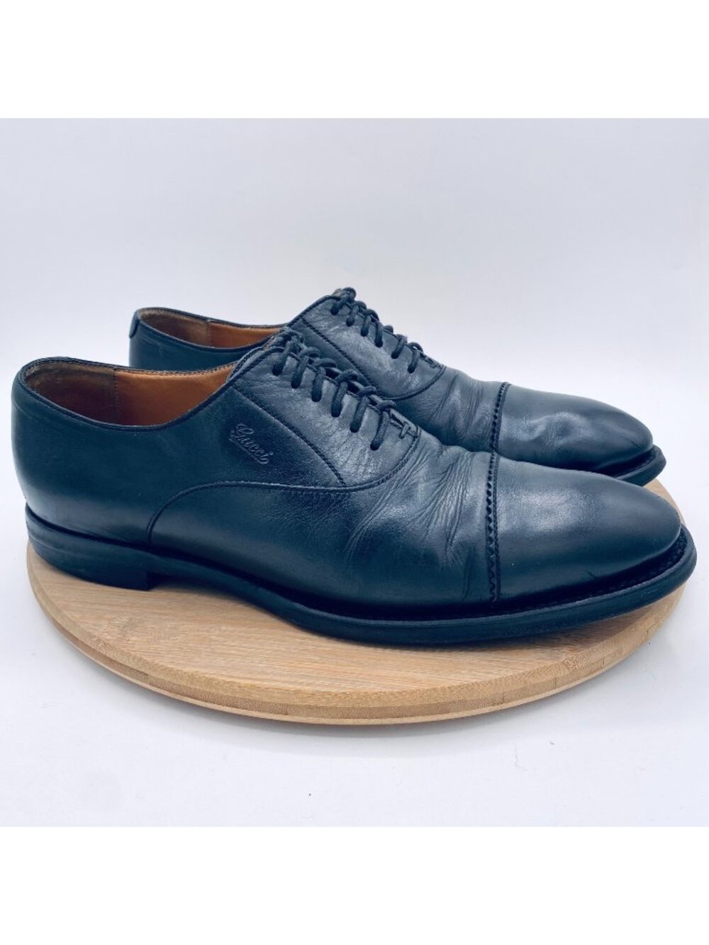 Vintage Gucci Shoes Mens 8 Black Leather Cap Toe Oxfords Designer Luxury Italy
